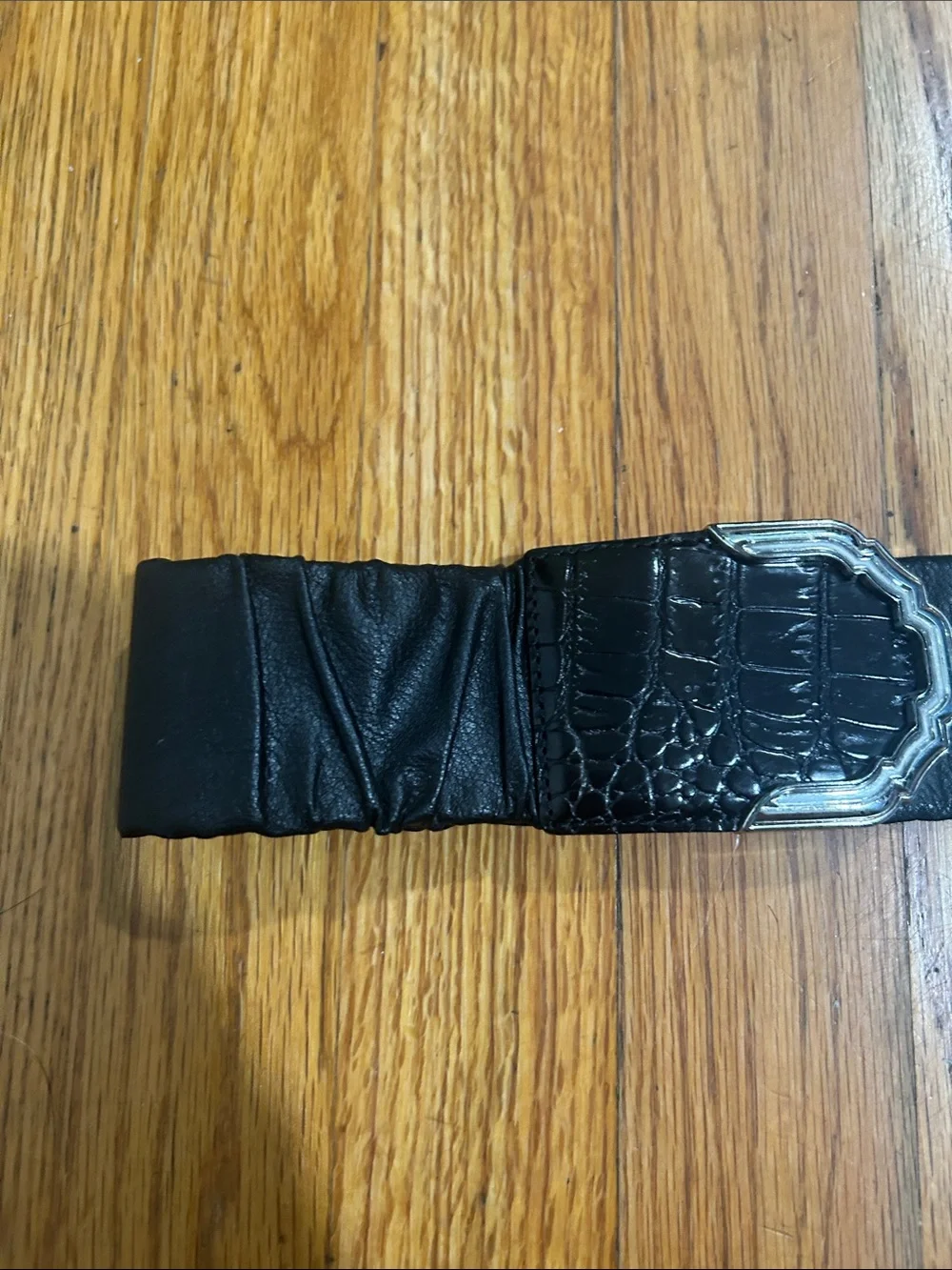 Brighton Black Leather Stretch Belt with Silver Accent Buckles